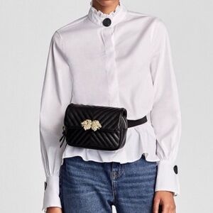 Zara Woman White Ruffle High Neck Blouse with Oversized Buttons